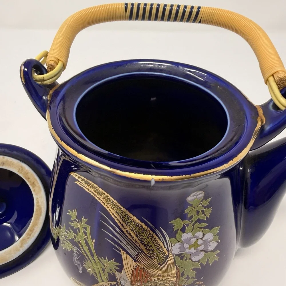 Vintage Japanese Cobalt Blue Gold Teapot Pheasant Bamboo Rattan Handle 7.5